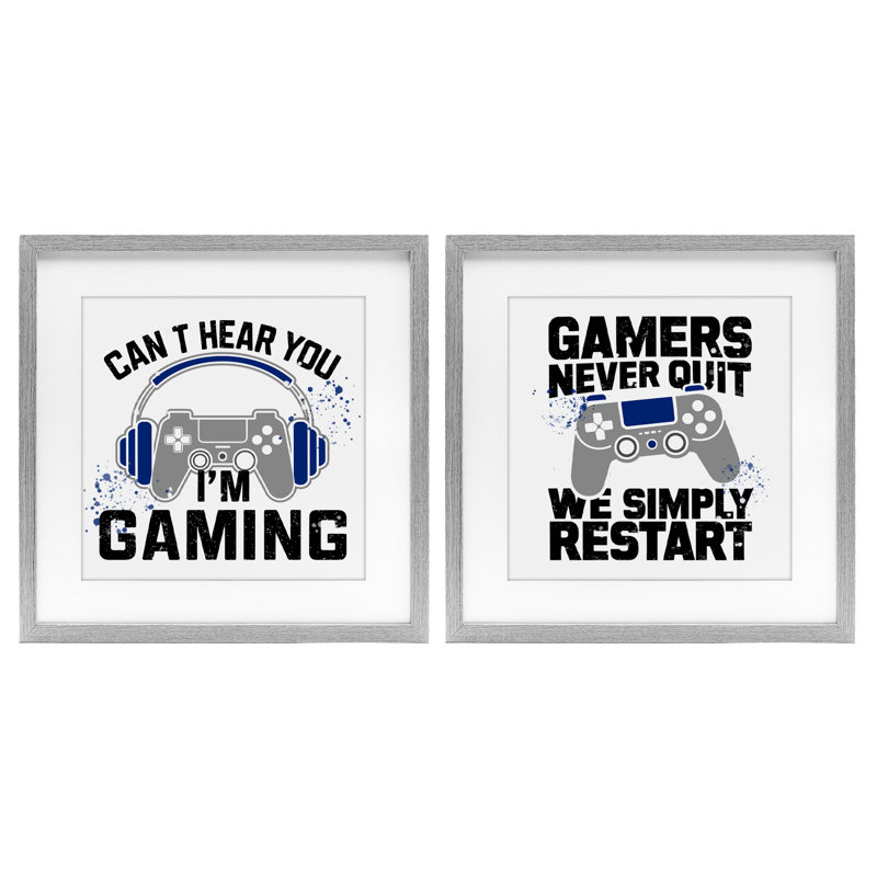 Ensemble d'impressions encadrées sous verre 2 pièces Gamer, Cadre de ferme gris, H 16 po x l 16 po