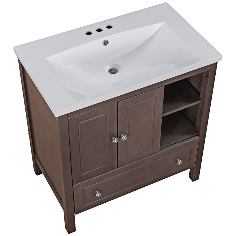 Meuble-lavabo simple autoportant avec plateau en céramique Mikiel, Brun