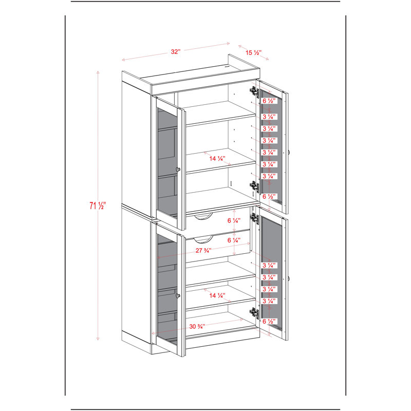 Garde-manger 100% bois massif 32 po avec portes en verre givré et 2 tiroirs, Noir