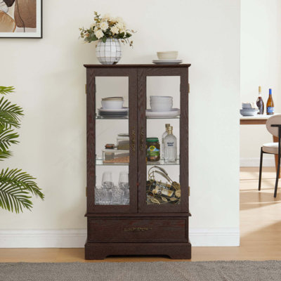Lighted Glass Curio Cabinet With Adjustable Shelves - Elegant 2-Door Display Cabinet & Built-In Drawer, Includes Bulb