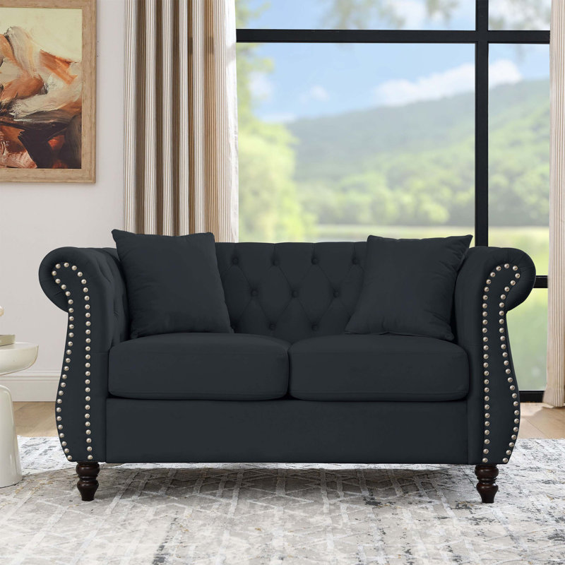 Canapé 2 places Chesterfield, L 58,8 po, Velours noir, Ne s’applique pas