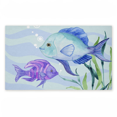 Tapis de porte pour l'extérieur imprimé bleu et mauve Fun Fish, design par Audrey Jeanne Roberts, 18 po x 30 po