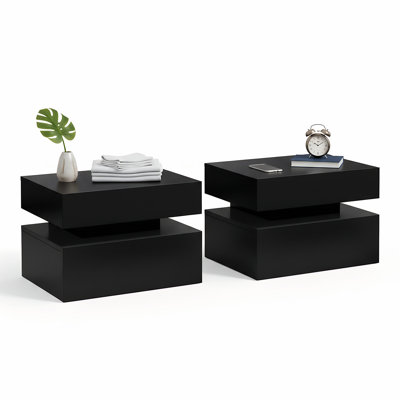 Floating Wood Wall Mounted Nightstand with 2 Storage Drawers and LED (Set of 2)