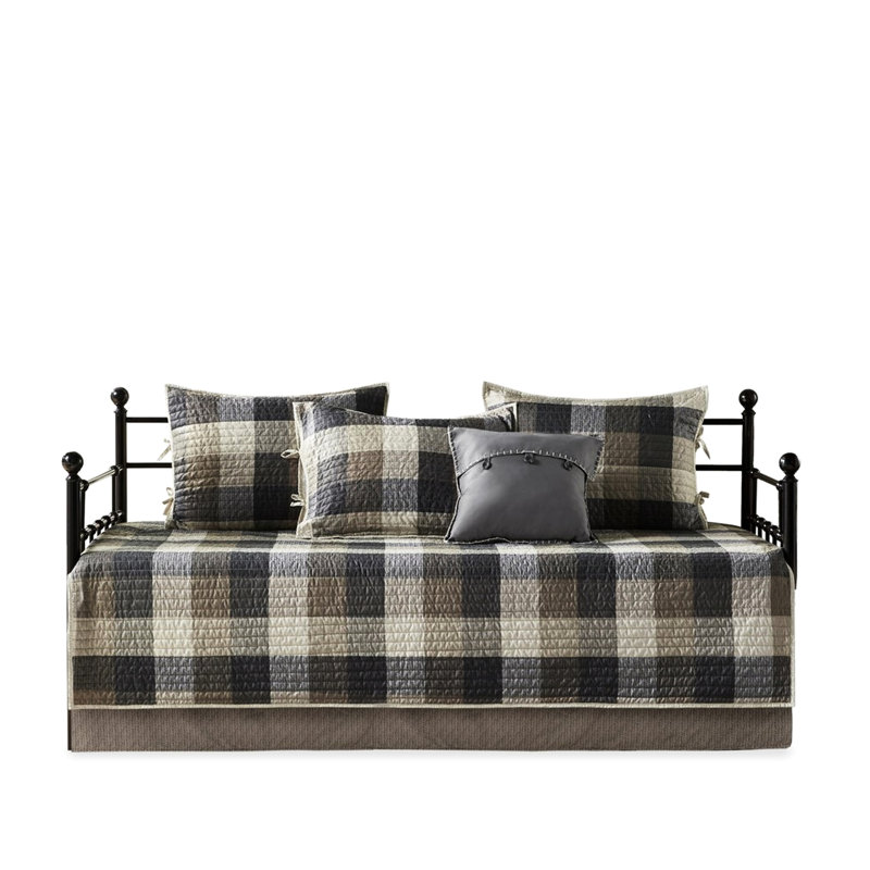 Twin Size Daybed Cover - Herringbone With Microfiber Back 90% Cotton Filling Solid And Plaid Reversible Pattern 6 Piece