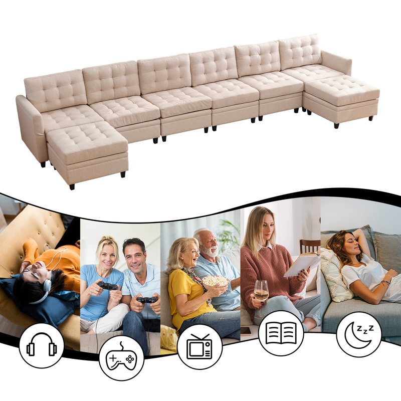 Balus Modular Sofa Bed Set, Button Tufted Reversible Modular Couch With 2 Storage Ottomans, 8 Seater Oversized U Shape Sleeper Sectional Couch Modular Sofa Couch For Living Room