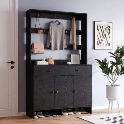 Modern Hall Tree With Shoe Storage And Coat Rack For Entryway, Entryway Organizer With 8 Shoe Cubbies & 8 Coat Hooks