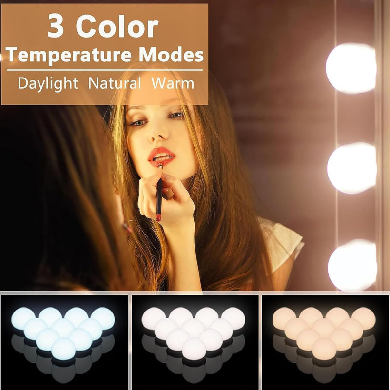 LED Vanity Mirror Lights Hollywood Style With 14 Dimmable Bulbs Adjustable Colour & Brightness USB Cable Stick-On For Makeup Table Dressing Room