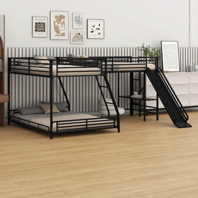 L Shaped Twin Over Full Bunk Bed With Twin Size Loft Bed And Built-In Desk, Metal Triple Beds With Ladder And Slide