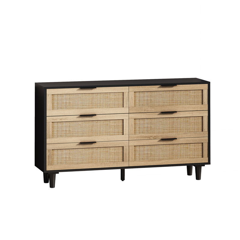 6-Drawers Rattan Storage Cabinet Rattan Drawer, 29.53" H x 51.18" W x 15.75" D, Black