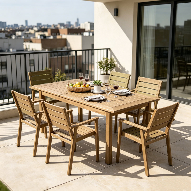 Table de salle à manger extensible en bois d'acacia d'extérieur avec finition en teck Table de patio extensible rectangulaire à lattes résistantes aux intempéries pour porche de jardin arrière Longueur réglable de 65,75 à 85,43 pouces