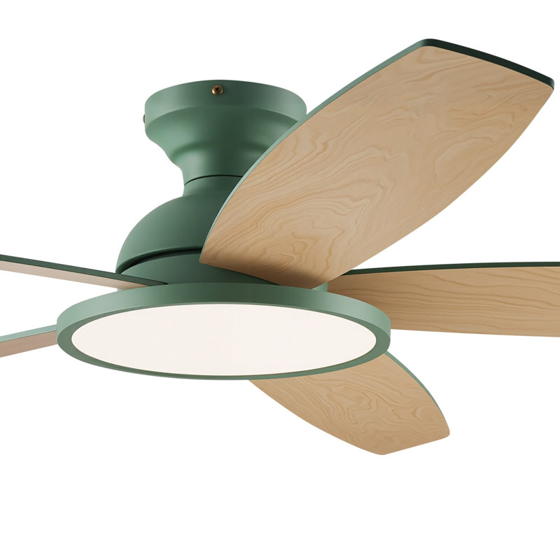 Ventilateur de plafond encastré à 5 pales avec lumière DEL et télécommande, Vert avec pales en bois vert / chêne, 52"