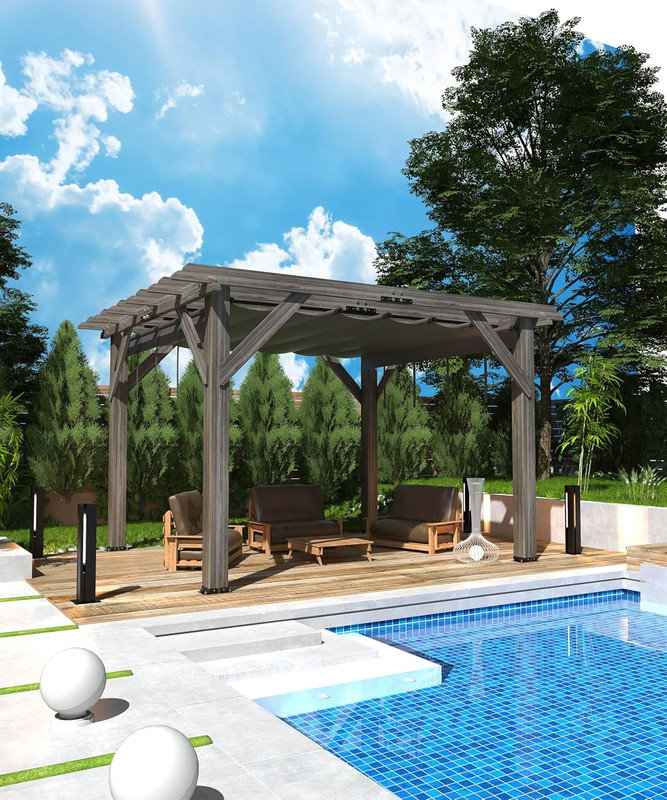 Pergola en bois 10 x 12 pi, structure solide avec auvent rétractable pour patio et jardin