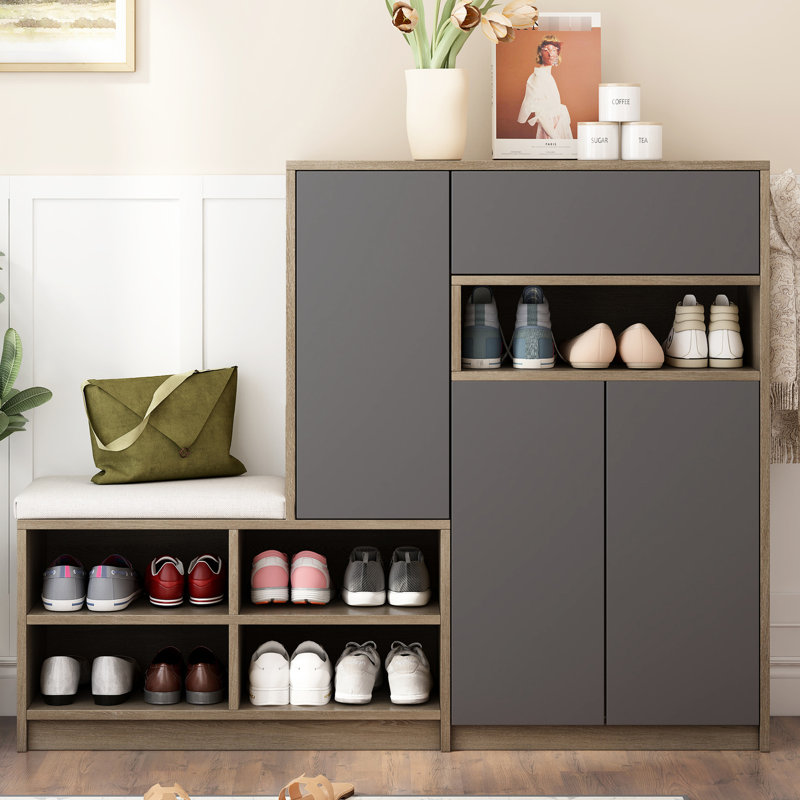 Armoire à chaussures multifonctionnelle, gris foncé, avec tablettes réglables et siège rembourré, coussin de support polyvalent, pour l'organisation de couloir