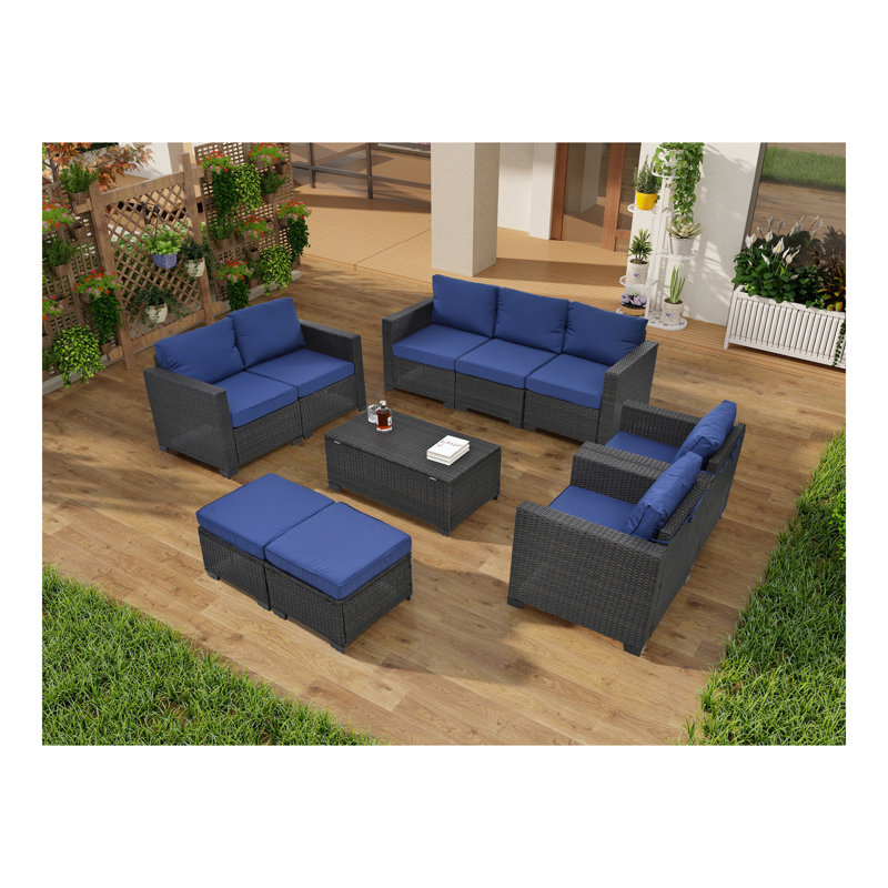 Ensemble de mobilier de patio en rotin 10 pièces, ensemble de canapé modulaire, ensemble de mobilier d'extérieur avec coussins et table basse en verre trempé