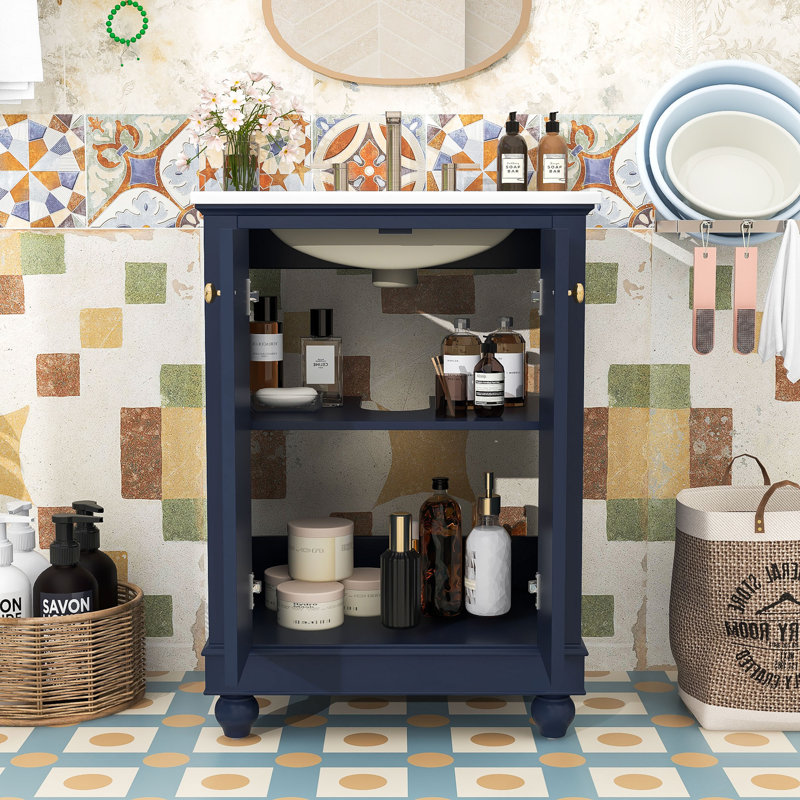 Meuble-lavabo autoportant moderne avec lavabo en céramique, charnières à fermeture douce et tablette réglable, Blue