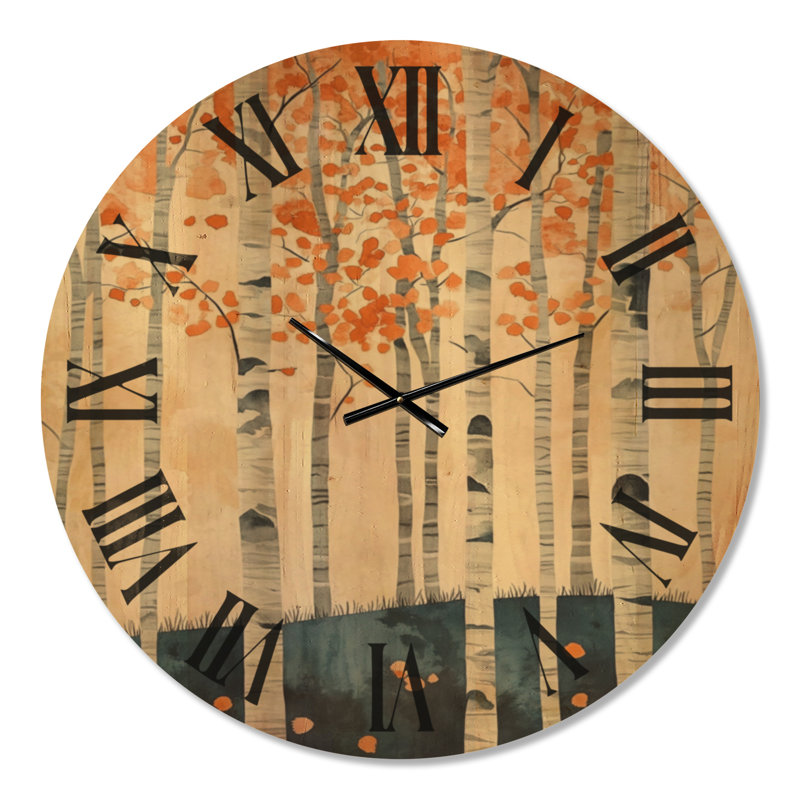 Bouleaux au crépuscule - Horloge murale rustique orange, imprimée sur bois, Très grand