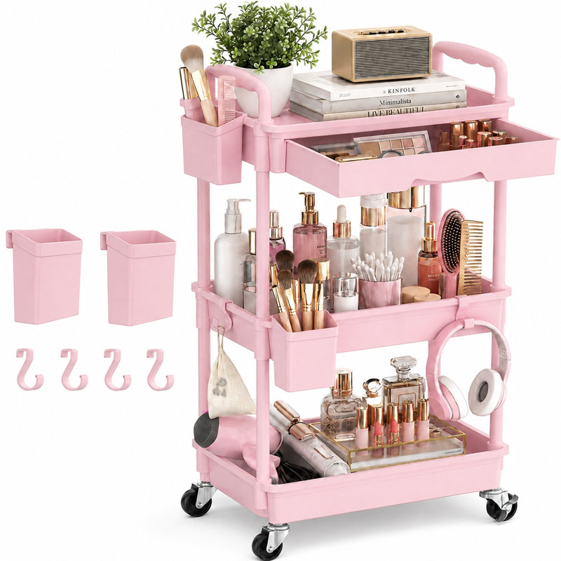 Chariot roulant à 3 niveaux avec tiroir et roues verrouillables, chariot de rangement en plastique, 3 Tier, Rose