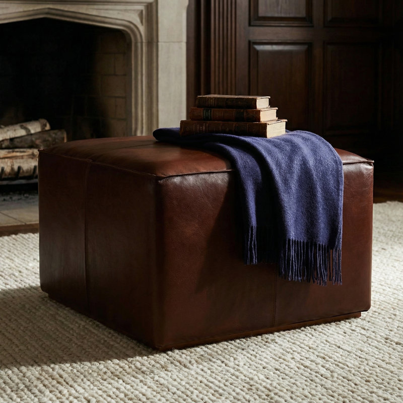 Nikola Genuine 100% Leather Square Ottoman, Brown