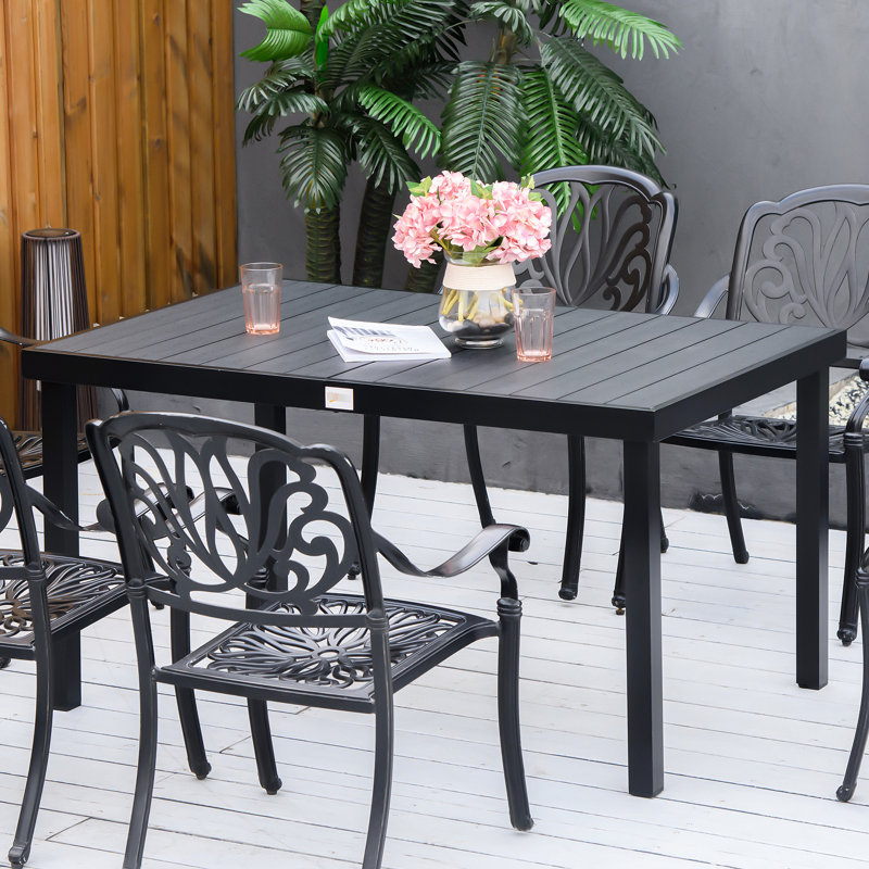Rectangular Outdoor Dining Table For 6, Aluminum Legs, Waterproof Black , Suited Garden And Patio 6 , Feature, Water- Lawn Enchanting Time