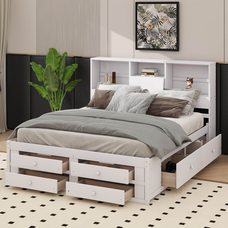Lit plateforme avec tête de lit avec rangement et 8 tiroirs, Blanc, Très grand lit