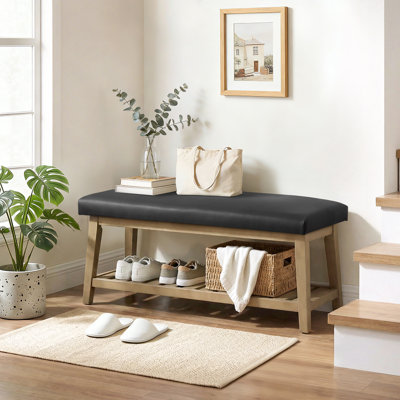 Faux Leather Upholstered Solid Wood Entryway Storage Bench