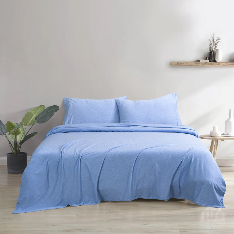 100% Cotton Jersey Knit Sheet Set, Full/Double Sheet Set+ Fitted Sheet+2 Pillowcase, Denim