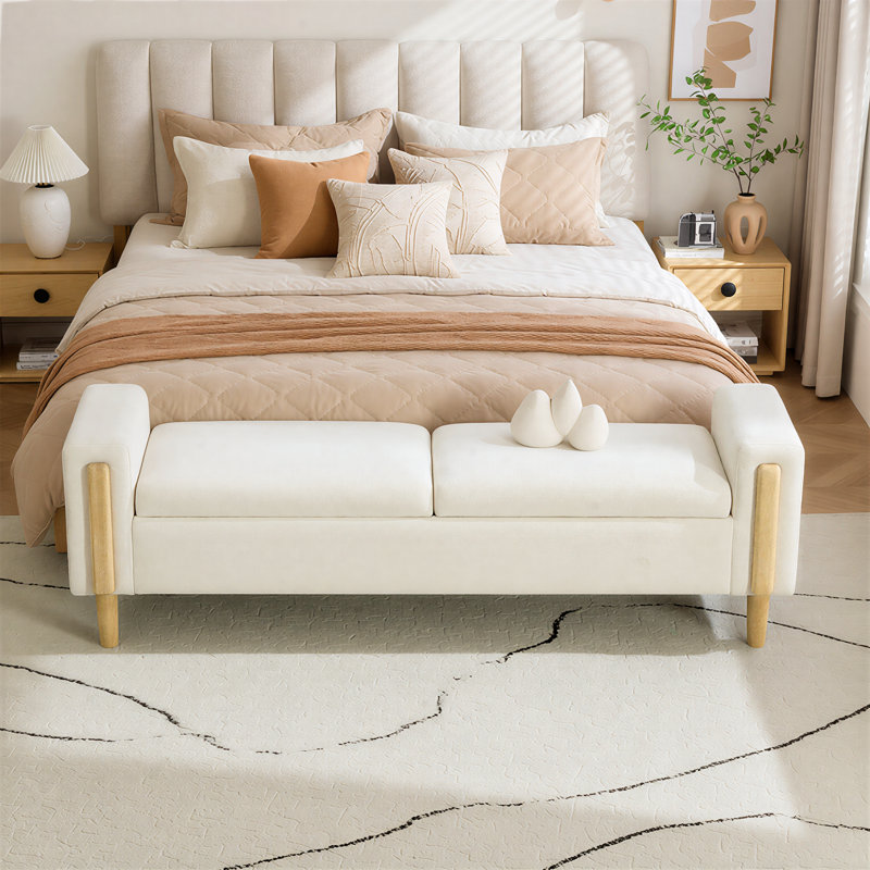 Banc de rangement rembourré l 65,6 po avec double couvercle rabattable et pieds en bois massif, Beige