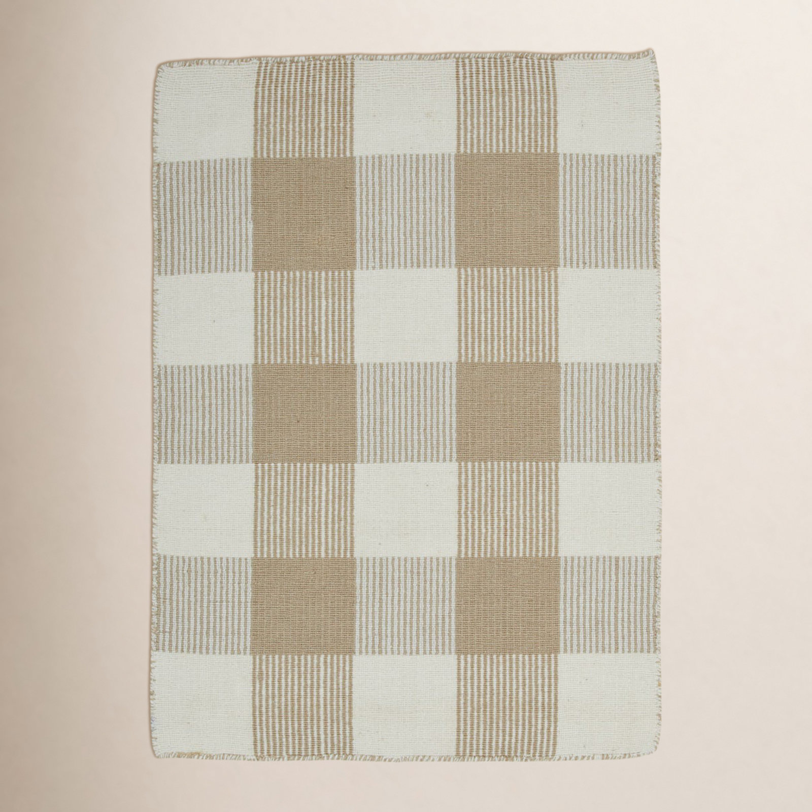 Simple Gingham Shag Wool Rug, Rectangle 3' x 5', Flax/Ivory