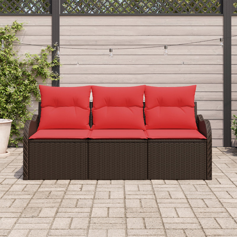 vidaXL Garden Sofa Set with Cushion 3 pcs Brown Poly rattan, Brown Frame/Red Cushion