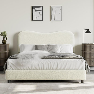 Boucle Upholstered Bed Frame with Cloud Headboard, Low Profile, Wood Slats, No Box Spring Needed