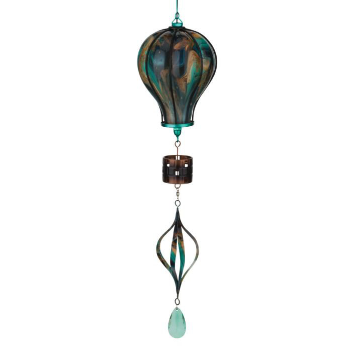 33" Hanging Swirl Balloon Solar Lantern with Glass Panels and Metal Frame, Green