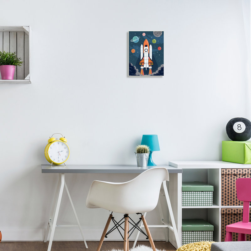 «Rocket Ship Ready for Flight Outer Space Planets» par Lisa Perry White bouton, Plaque murale, L 10 po x H 15 po