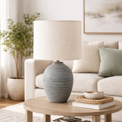 Zera Table Lamp, Textured Gray Ceramic Base, Ivory Drum Shade, 17 Inch