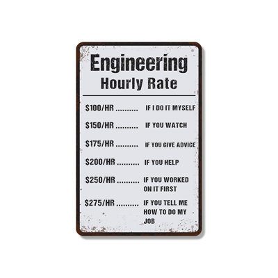Engineer Hourly Rate 18 Inch x 24 Inch Novelty Aluminum Sign