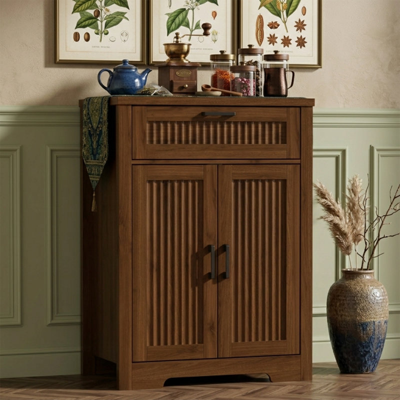 Buffet cannelé de 25 po avec tiroir de rangement - Table basse en chêne naturel avec tablette ajustable - Buffet de petite ferme pour entrée