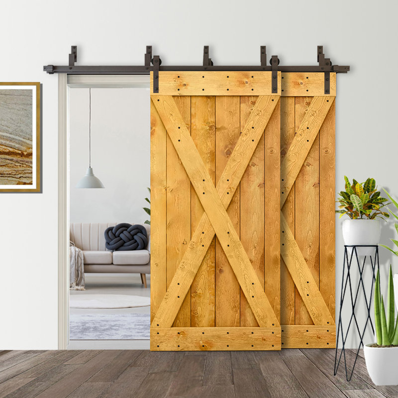 Panelled Wood Stained X Series Bypass Double DIY Barn Door with Sliding Hardware Kit, 92" x 84", Colonial Maple