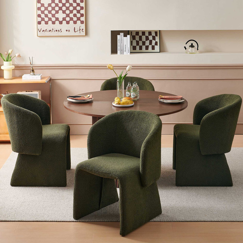 5-Piece Dining Table Set, Wood Top, Faux Fur Armchairs, Walnut, Walnut, Green