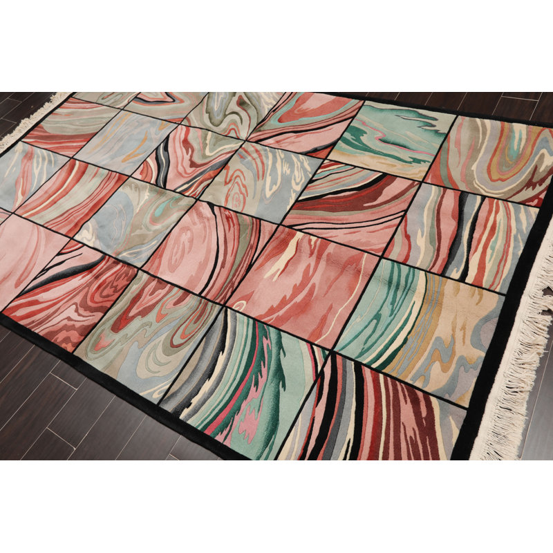 Tapis unique en laine noué à la main rose / bleu 6 pi x 9 pi Nataliemarie