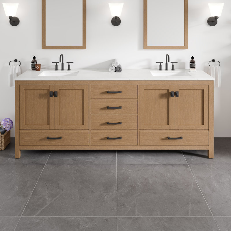Meuble-lavabo double en porcelaine encastrée l 84 po x P 22 po Minnich, Quartz - blanc de Carrare, Gris