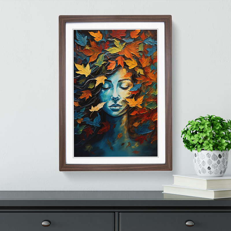 XYZ-FRM-V1223-4122 Leaf Expressionism - Single Picture Frame Print on Wood, 34cm H x 25cm W x 2cm D, Walnut