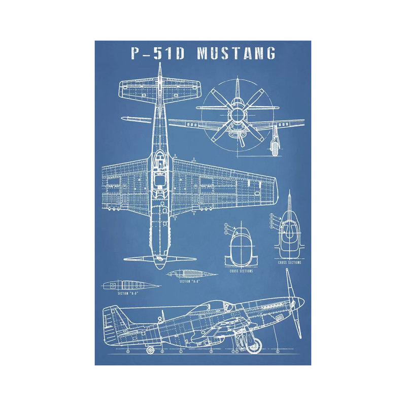 P-51 Mustang-imprimé rétro avion, Toile tendue, Pas de tapis, H 60 po x l 40po x P 1,5 po
