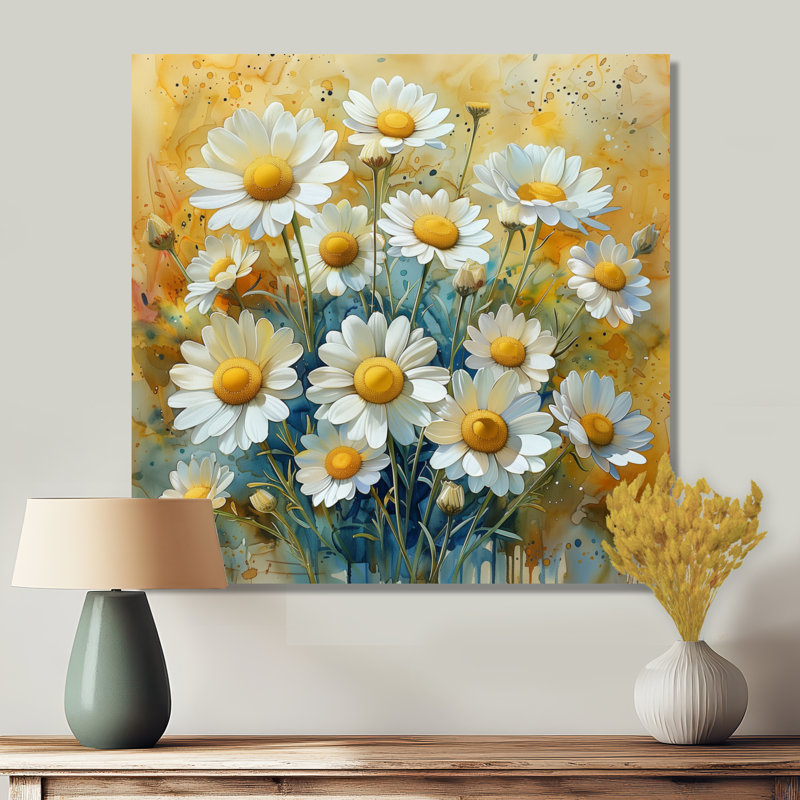 «Yellow Yellow Summer Daisies Flowers Explosion II» - impression d'art mural marguerites, Toile tendue, H 16 po x l 16 po