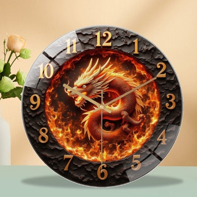 12-Inch Silent Tempered Glass Wall Clock, " Fire Dragon Wall Clock Home Decor Art ” Silent Non-Ticking Clock, Battery Operated (AA Batteries Not Included), Artistic Home Decor