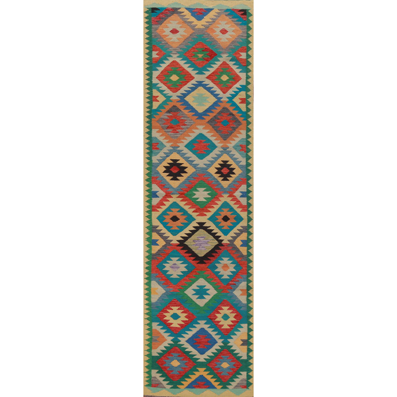 Tapis de couloir oriental géométrique en laine Kilim 3 x 13