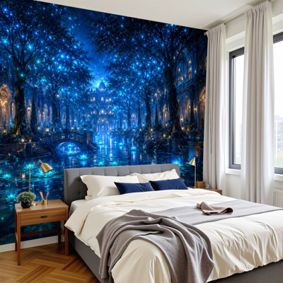 Papier peint adhésif auto-adhésif moderne pour la chambre à coucher - avec jardin de nuit, impression de fleurs de lotus bleu brillant