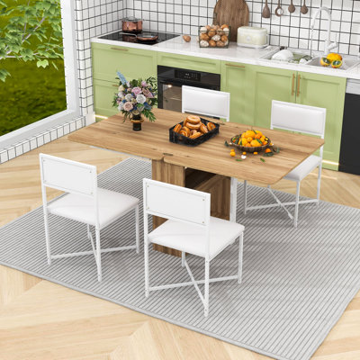 Ensemble de salle à manger 5 pièces, table extensible avec rangement intégré et chaises rembourrées en similicuir