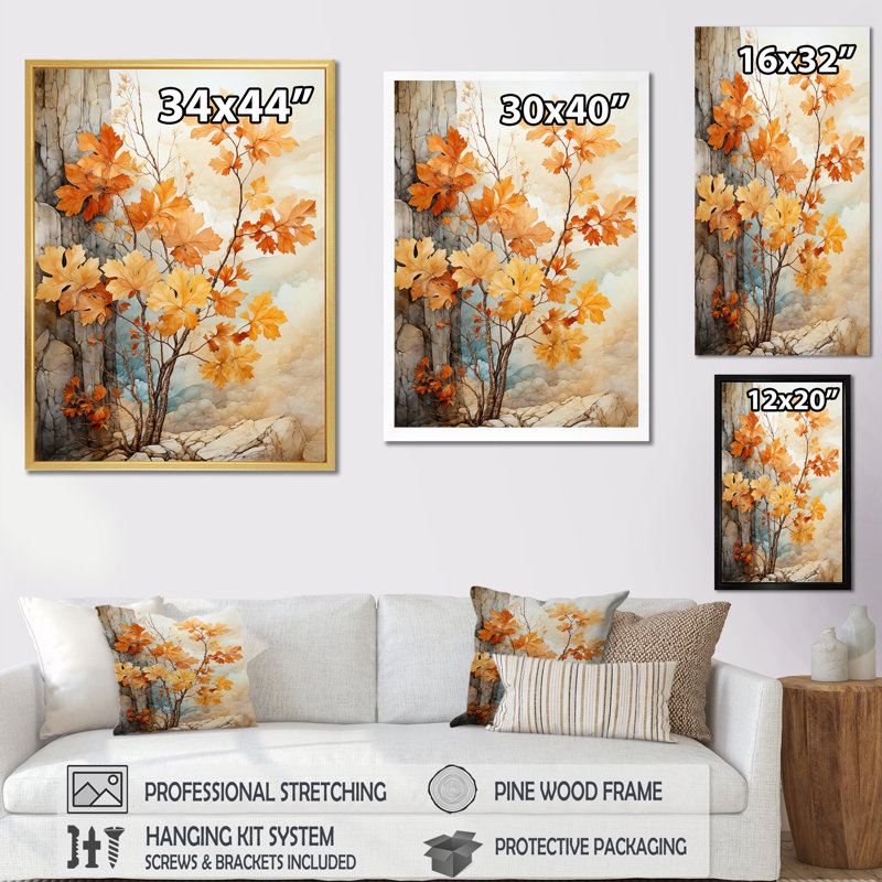 Feuillage abstrait pêche érable sur toile, Cadre photo noir simple, H 44 po x l 34 po x P 1,5 po