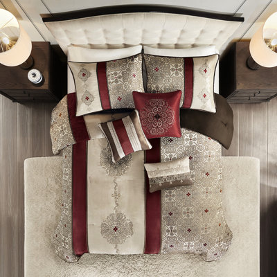 7 Piece Queen Bedroom Bedding - Red With Drop Comforter Pillows
