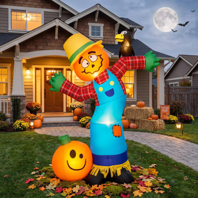 Épouvantail citrouille gonflable d'Halloween de 185 cm avec 7 lumières DEL, décorations d'extérieur avec piquets et cordes pour jardin, pelouse, porche et fête