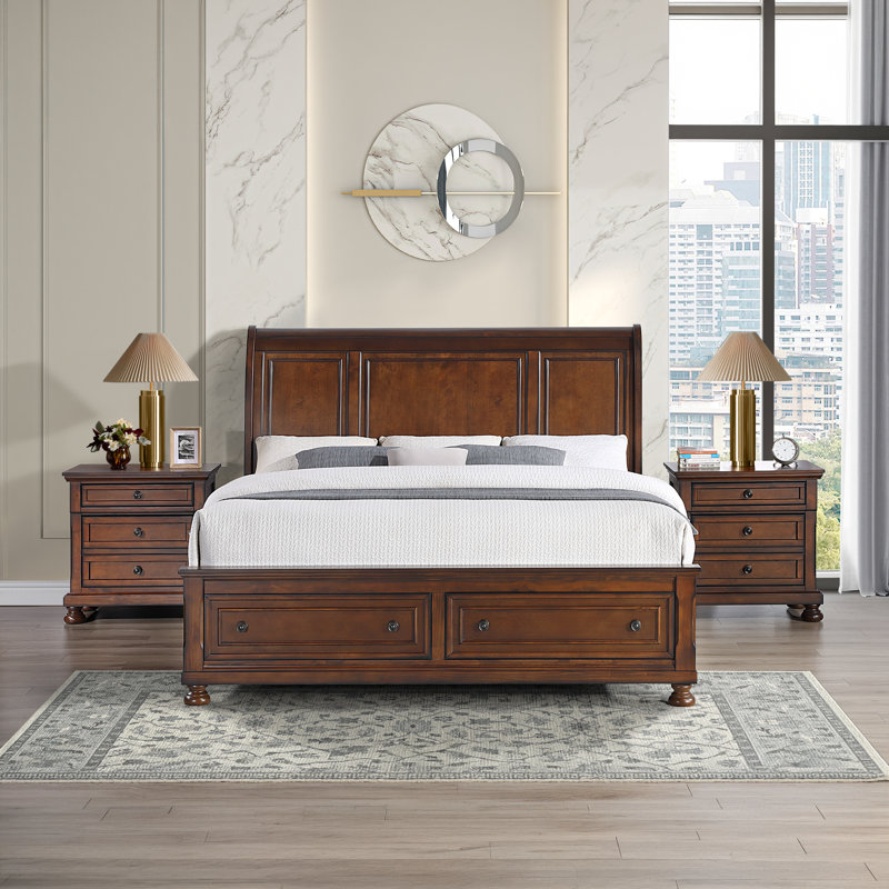 Ensemble de chambre en bois Eedie, Trois articles : lit, deux tables de chevet, Très grand lit